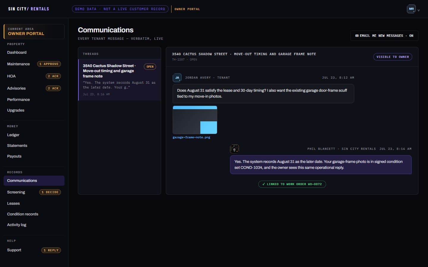 Owner communications page showing a resident message thread with the management reply and a linked work order