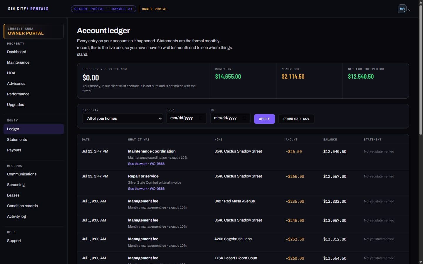 Owner account ledger with money in, money out, net for the period, and a table of entries with a running balance