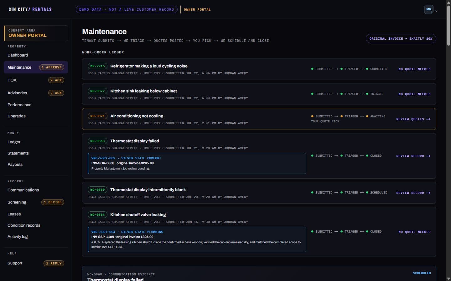 Owner maintenance page showing work orders in submitted, triaged, scheduled and closed states with vendor invoices attached