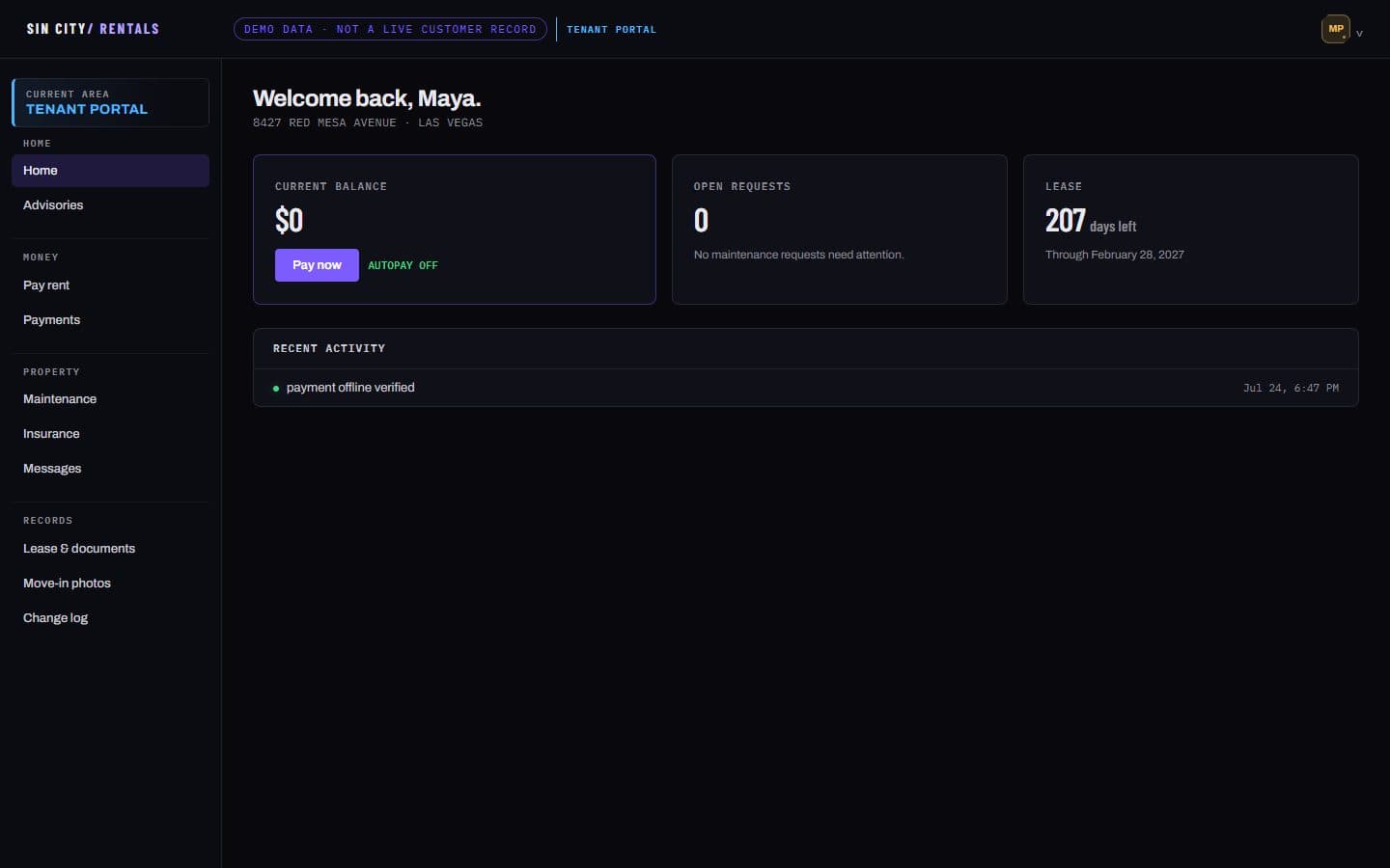 Resident portal home screen showing current balance, open requests, days left on the lease and recent activity