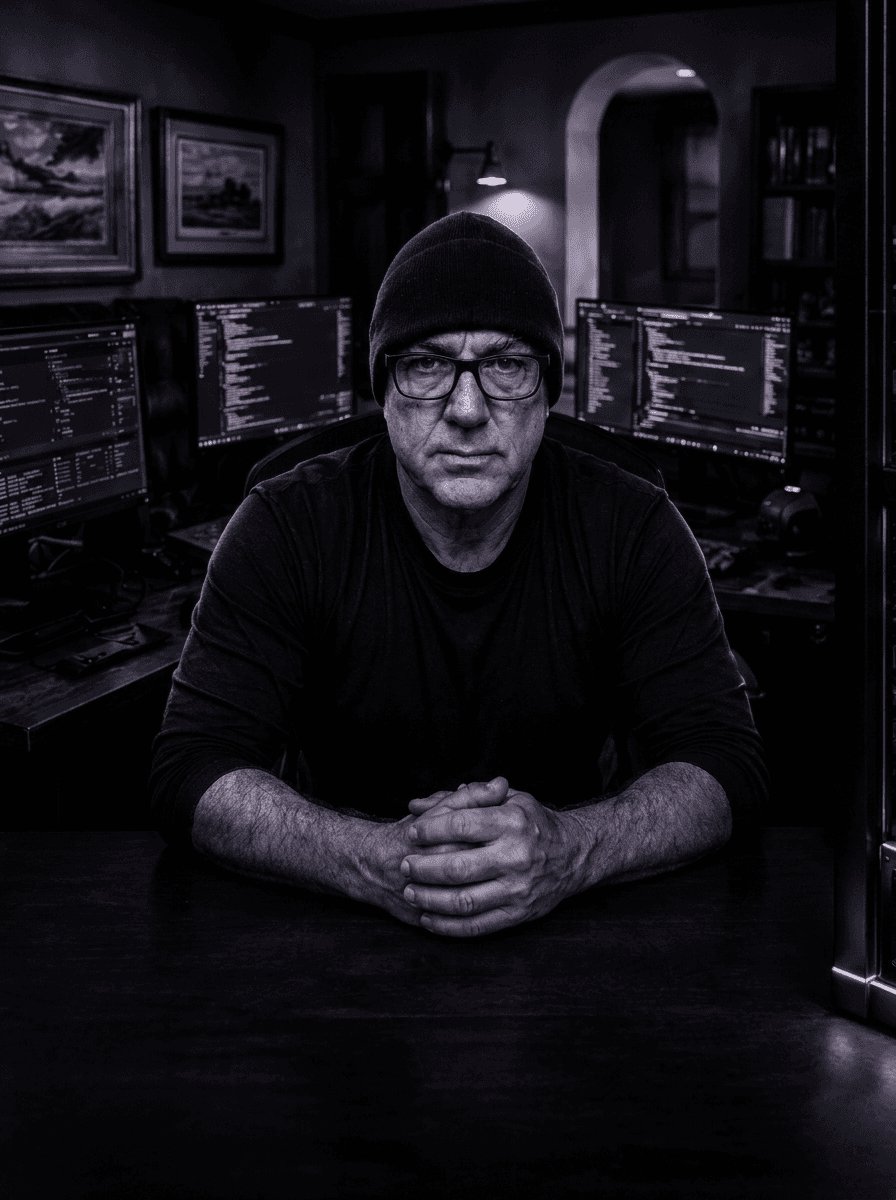 Black-and-white review portrait of Phil Blancett seated at a workstation
